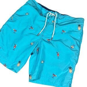 Tommy Bahama Swim Trunks Men's Large Aqua Embroidered Cocktails Board Shorts